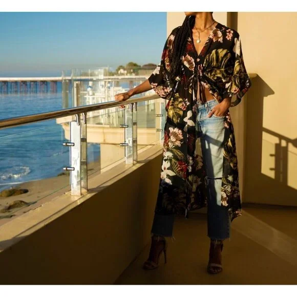 Walter Baker Tulum Caftan O/S Tropical Print Black